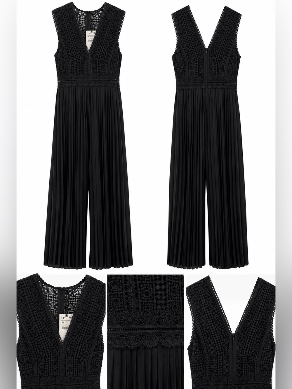 Zara Black Lace Bodice Pleated Wide Leg Jumpsuit NWT Medium